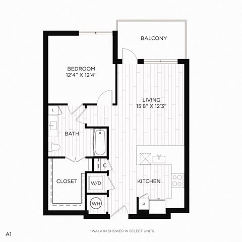 Floor plan for 1 bed, 1 bath, 734 sqft